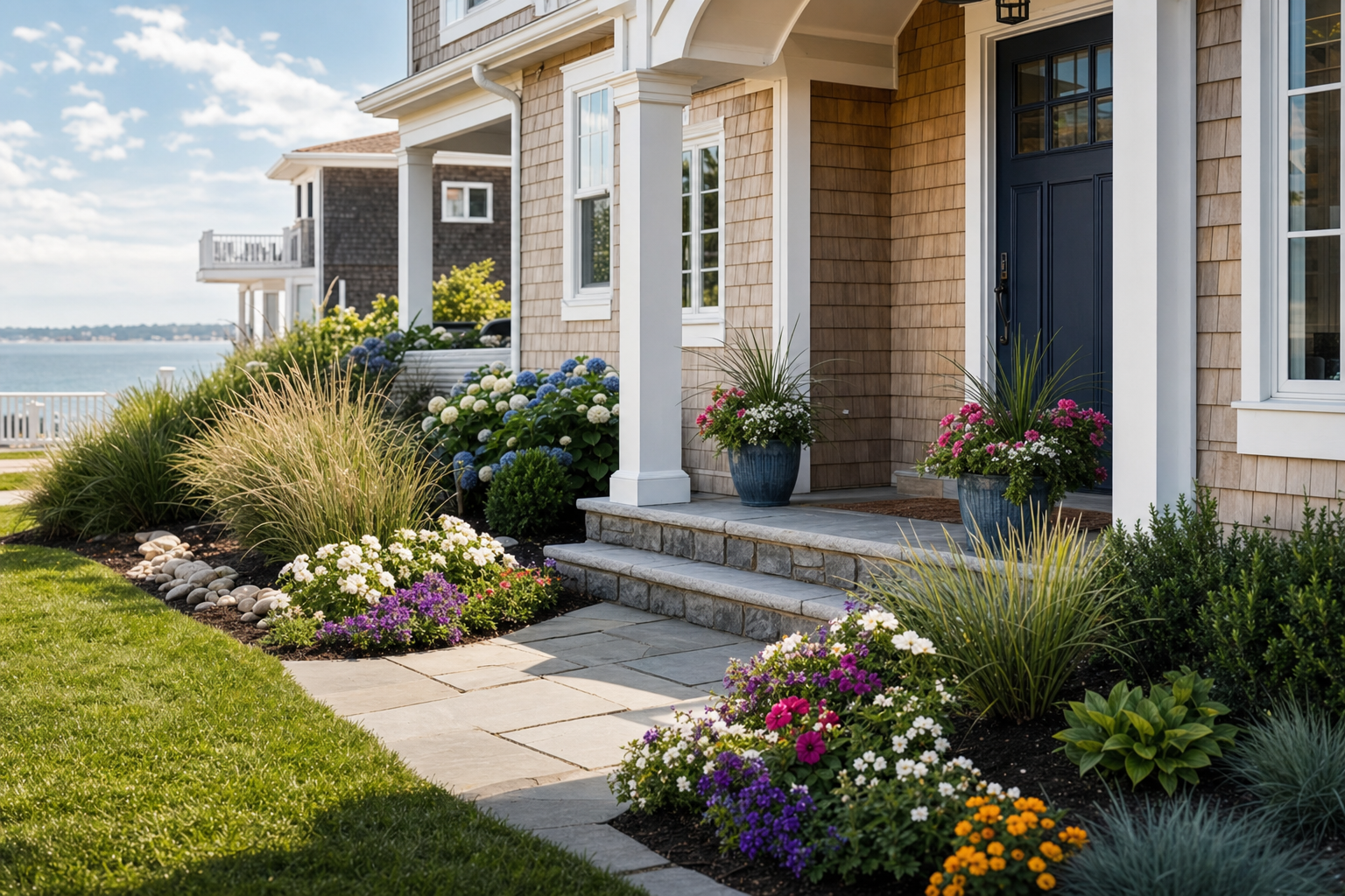 Annual flowers, planters, and fresh seasonal color at a Beach Haven shore home entry