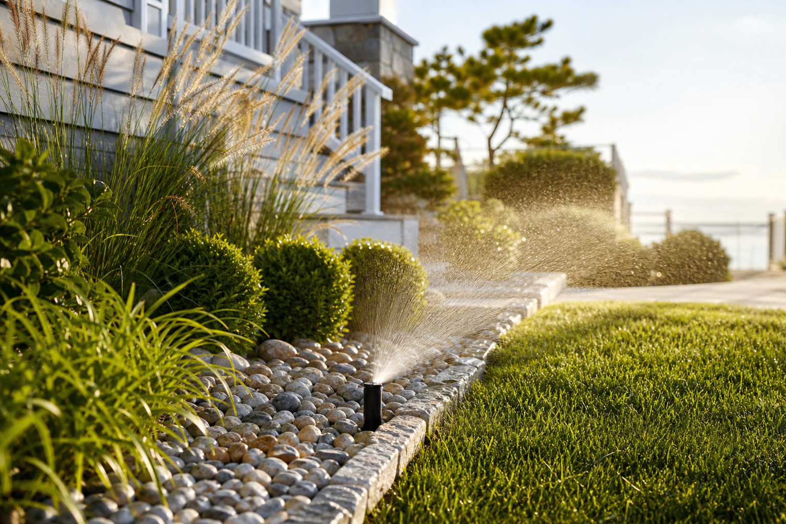 Irrigation service for a Long Beach Island shore property with sprinkler water catching coastal light