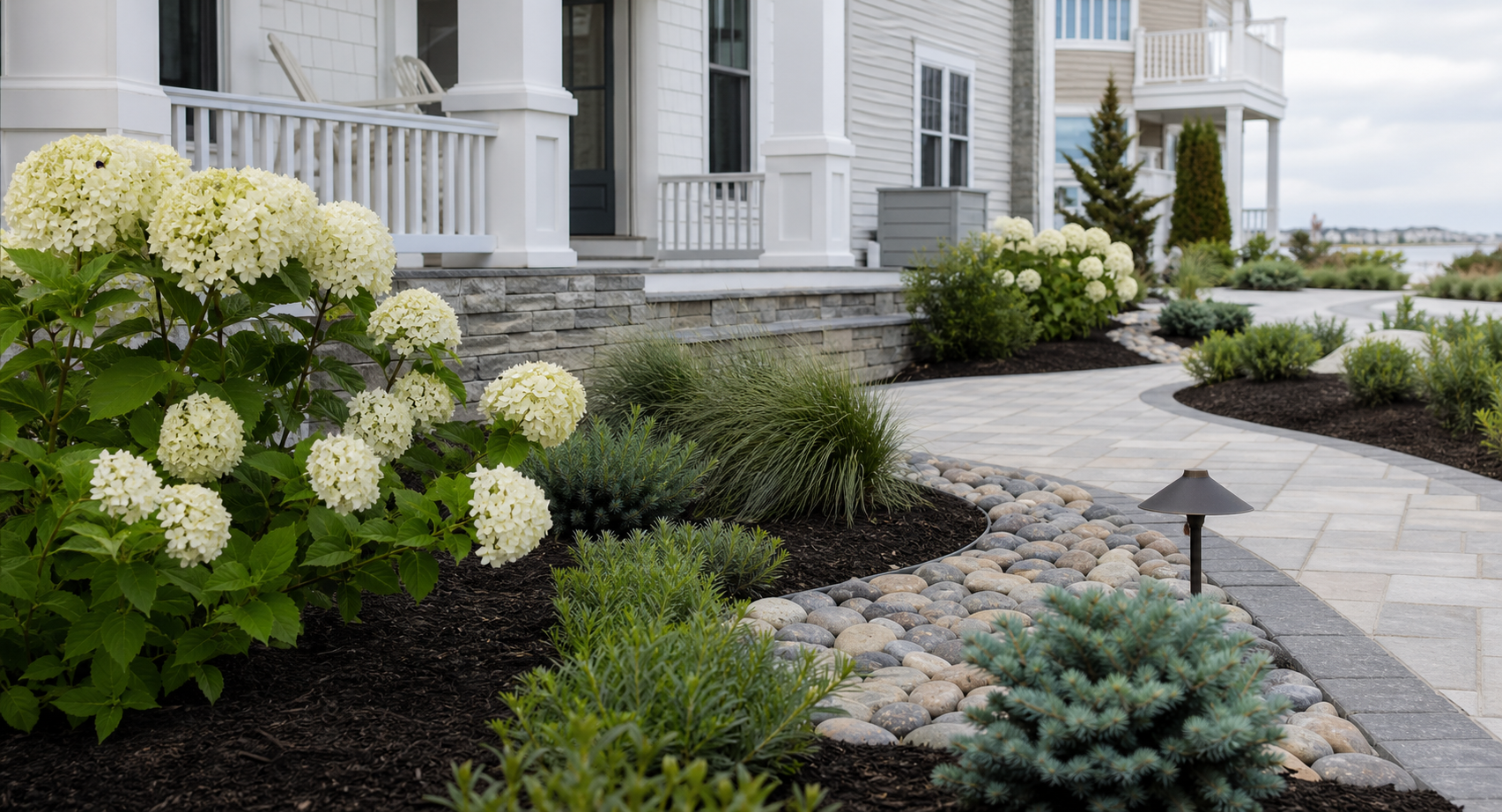 Fresh coastal landscape bed after cleanup, mulching, edging, and planting